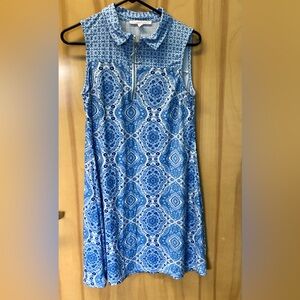 Sleeveless Blue Midi Dress with Medallion Print and Zip Front